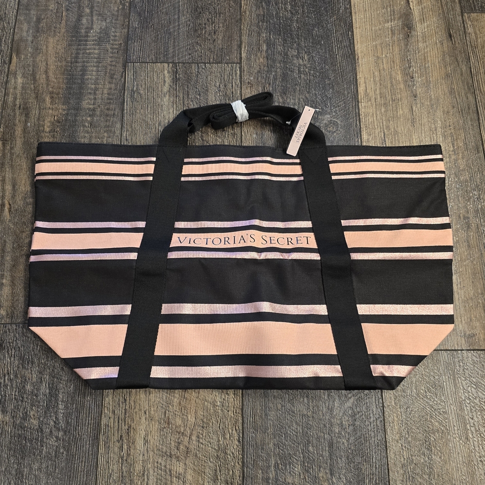 🩷NEW Victoria's Secret Black and Pink Striped Tote Bag